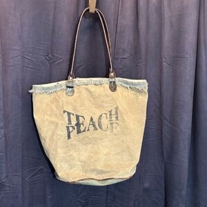 Vintage Addiction Teach Peace large tote bag: cotton and leather